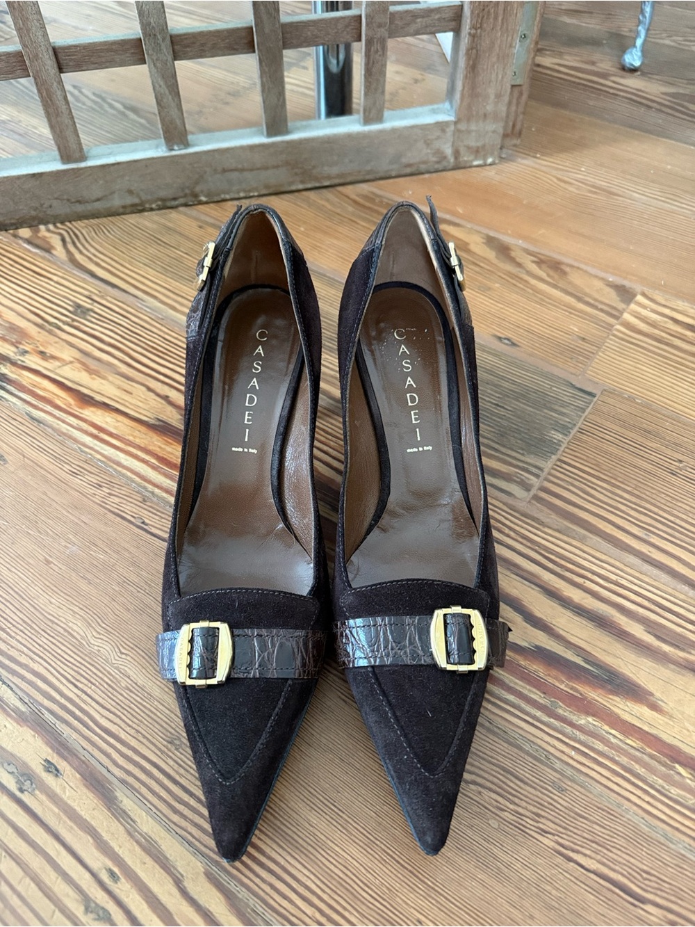Casadei Dark Brown Pointed Buckle Pumps